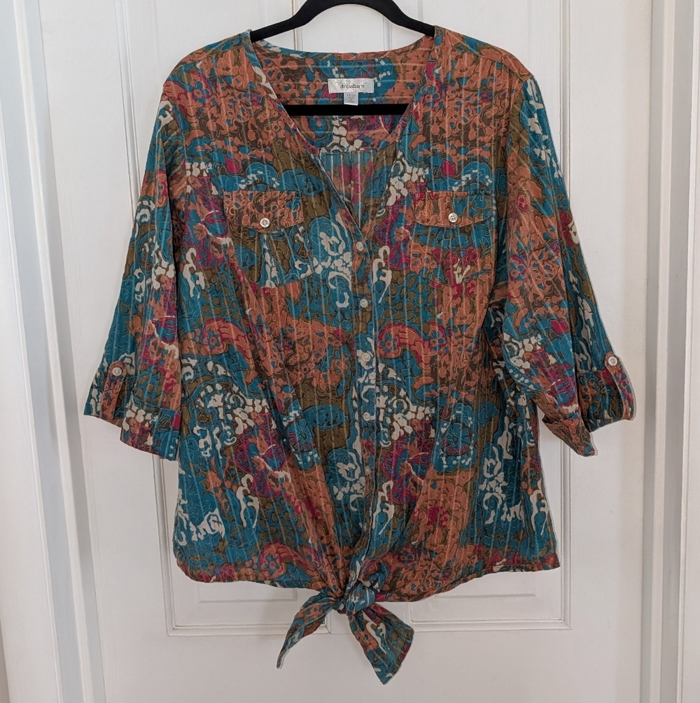 VTG Dressbarn Women's Front Tie Button Up Top SIZE 18/20 Boho Hippie Casual